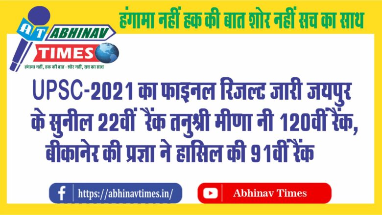 UPSC-2021 का फाइनल रिजल्ट जारी: जयपुर के सुनील कुमार 22वीं रैंक तनुश्री मीणा ने हासिल की 120वीं रैंक, बीकानेर की प्रज्ञा ने हासिल की 91वीं रैंक