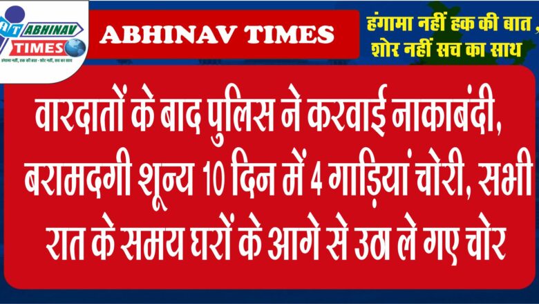 वारदाताें के बाद पुलिस ने करवाई नाकाबंदी, बरामदगी शून्य:10 दिन में 4 गाड़ियां चाेरी, सभी रात के समय घराें के आगे से उठा ले गए चाेर