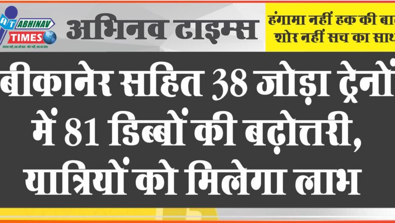 बीकानेर सहित 38 जोड़ा ट्रेनों में 81 डिब्बों की बढ़ोत्तरी, यात्रियों को मिलेगा लाभ