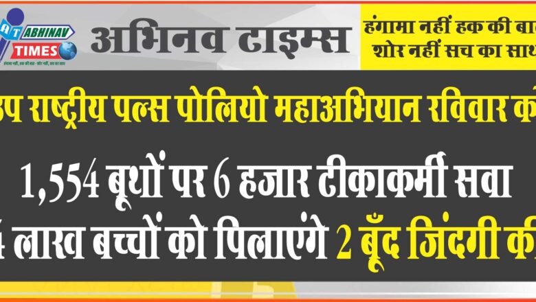 उप राष्ट्रीय पल्स पोलियो महाअभियान रविवार को 1,554 बूथों पर 6 हजार टीकाकर्मी सवा 4 लाख बच्चों को पिलाएंगे 2 बूँद जिंदगी की