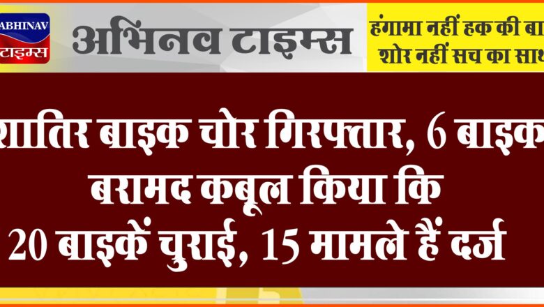 शातिर बाइक चोर गिरफ्तार, 6 बाइक बरामद:कबूल किया कि 20 बाइकें चुराई, 15 मामले हैं दर्ज