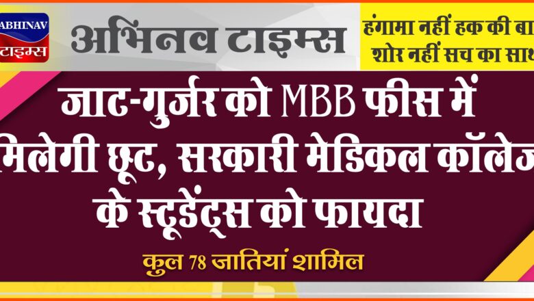 जाट-गुर्जर को MBBS फीस में मिलेगी छूट:सरकारी मेडिकल कॉलेज के स्टूडेंट्स को फायदा; कुल 87 जातियां शामिल