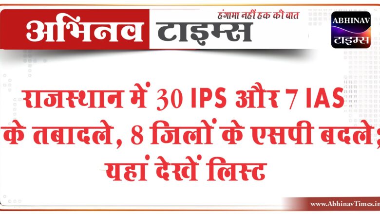 राजस्थान में 30 IPS और 7 IAS के तबादले, 8 जिलों के एसपी बदले; यहां देखें लिस्ट