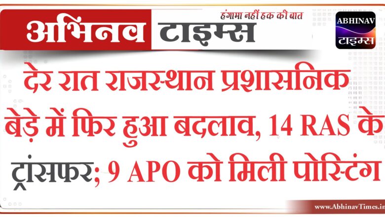 देर रात राजस्थान प्रशासनिक बेड़े में फिर हुआ बदलाव, 14 RAS के ट्रांसफर; 9 APO को मिली पोस्टिंग