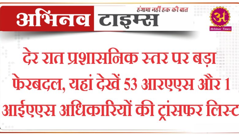 देर रात प्रशासनिक स्तर पर बड़ा फेरबदल, यहां देखें 53 आरएएस और 1 आईएएस अधिकारियों की ट्रांसफर लिस्ट